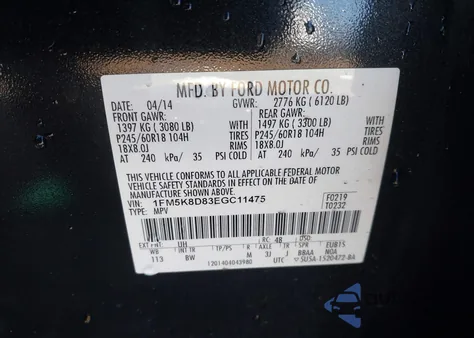 2014 Ford Explorer Xlt из США, поврежденный, VIN 1FM5K8D83EGC11475